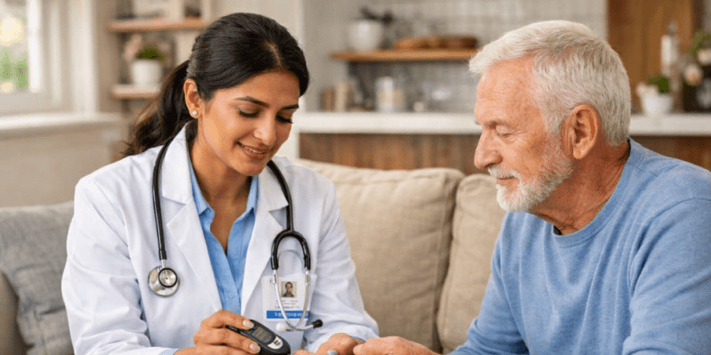 Professional diabetic doctor providing diabetes consultation and blood sugar monitoring at home in Noida