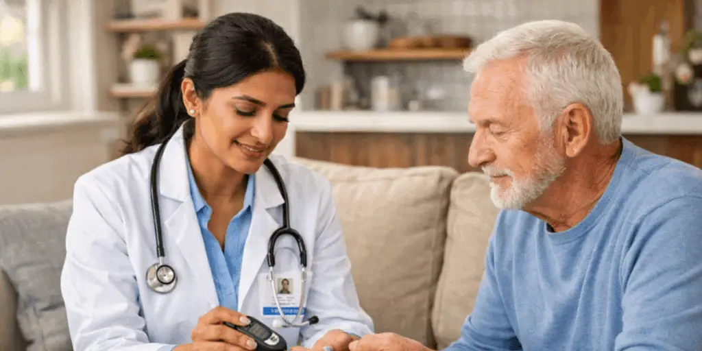 Professional diabetic doctor providing diabetes consultation and blood sugar monitoring at home in Noida