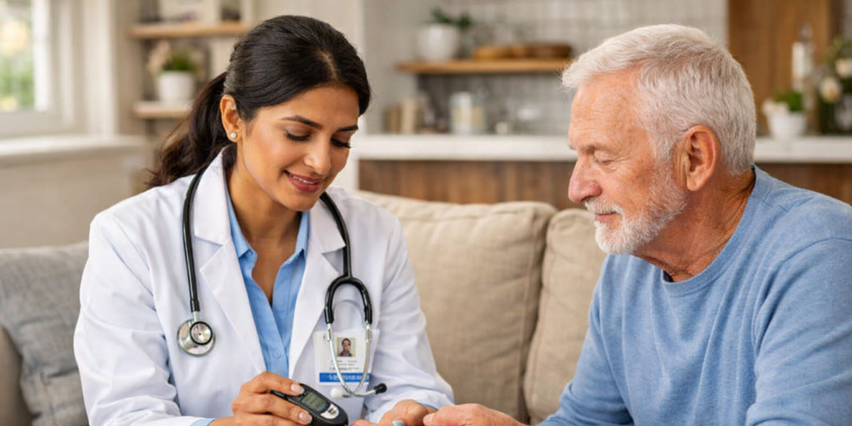 Professional diabetic doctor providing diabetes consultation and blood sugar monitoring at home in Noida