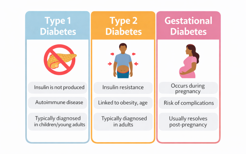 Comparison of Type 1, Type 2, and Gestational Diabetes types, causes, and symptoms