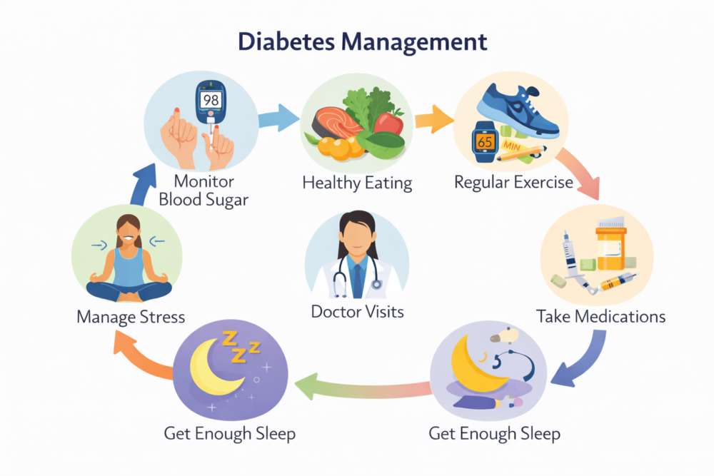 Diabetes management process including monitoring, medication, diet and lifestyle changes
