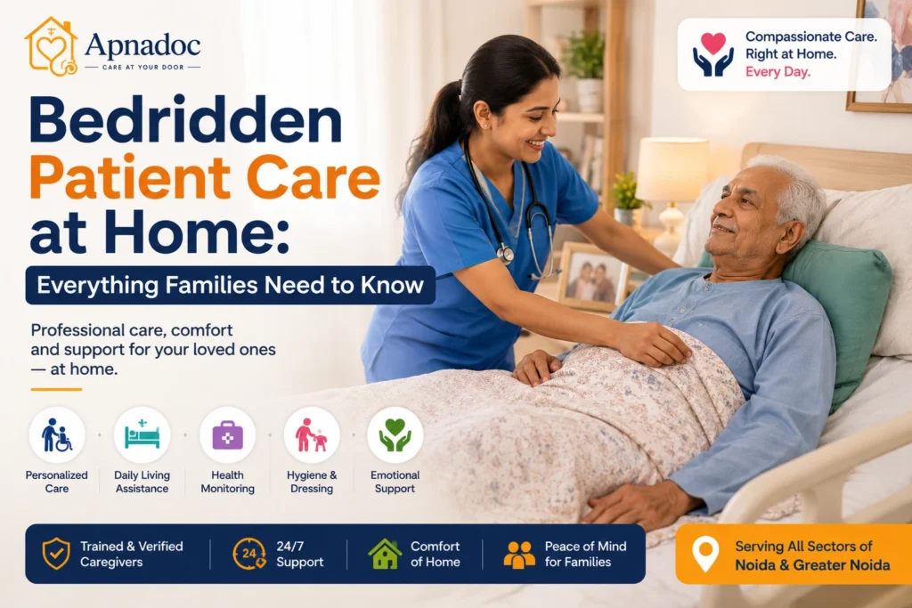 Caregiver assisting bedridden patient at home with daily care and medical support