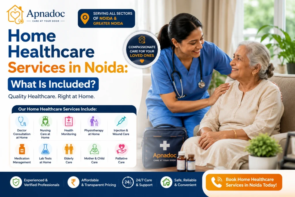 Home healthcare services in Noida including doctor visits, nursing care, physiotherapy, lab tests, and elderly care