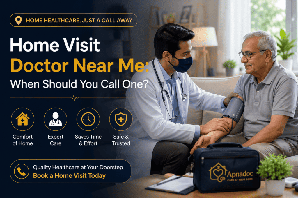 Home visit doctor examining an elderly patient at home in Noida, showing when a doctor home visit service is the best healthcare option.