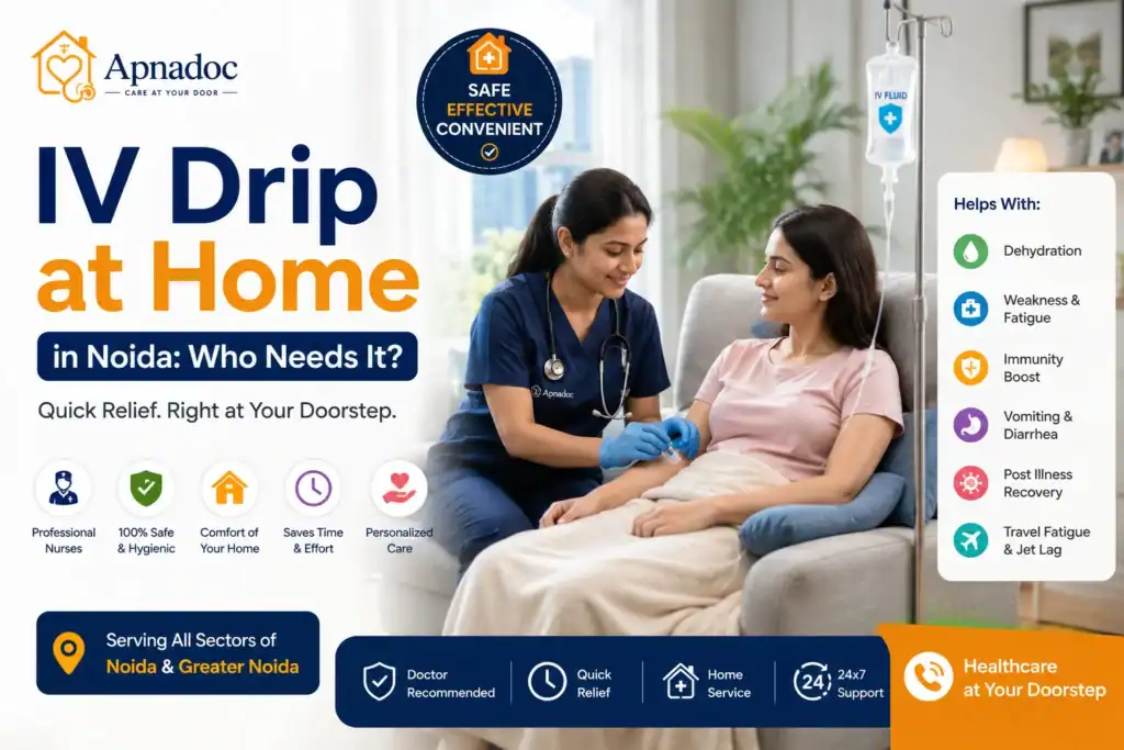 Healthcare professional administering IV drip therapy at home in Noida for hydration and recovery