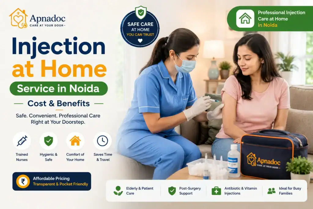 Professional nurse administering an injection at home in Noida with safe and hygienic medical care for patients