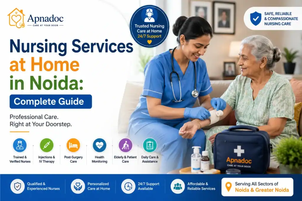 Professional home nurse providing nursing care and patient monitoring at home in Noida