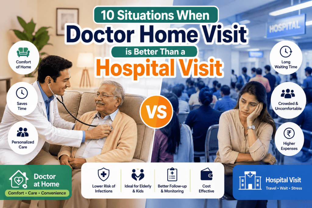 Doctor providing home medical care to an elderly patient compared with a crowded hospital waiting area, showing benefits of doctor home visits.