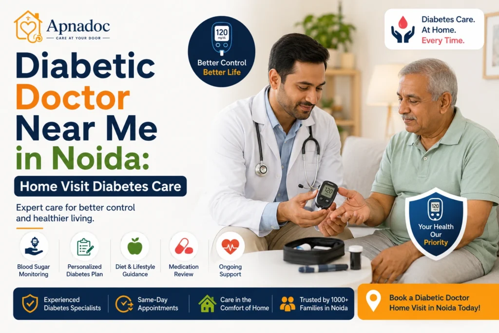 Diabetic doctor checking blood sugar at home in Noida