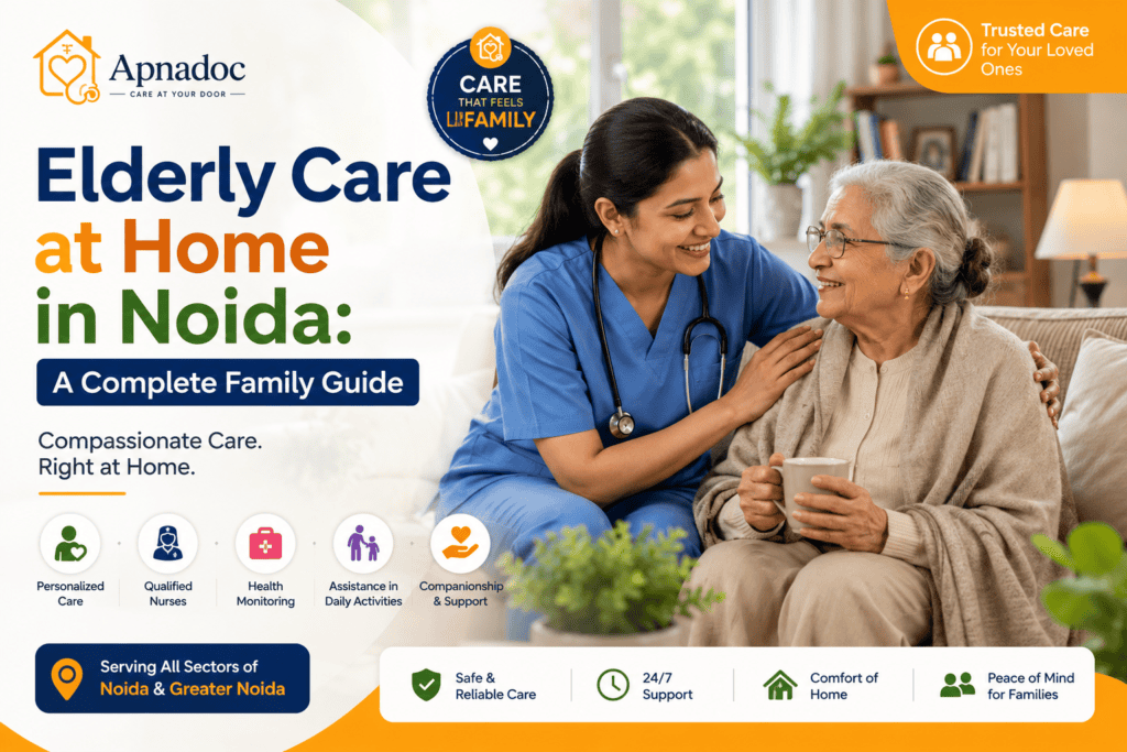 Professional caregiver providing elderly care at home in Noida with personalized senior healthcare support and nursing assistance