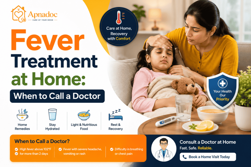 Mother caring for a child with fever at home showing fever treatment methods and warning signs for when to call a doctor.