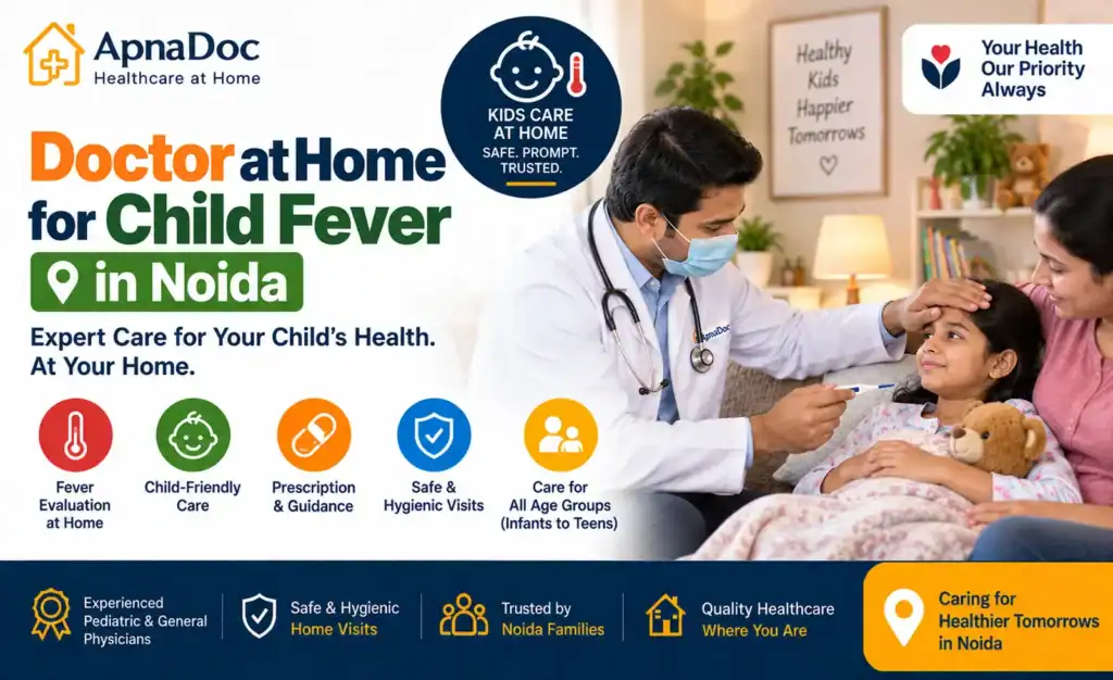 Doctor examining a child with fever at home in Noida