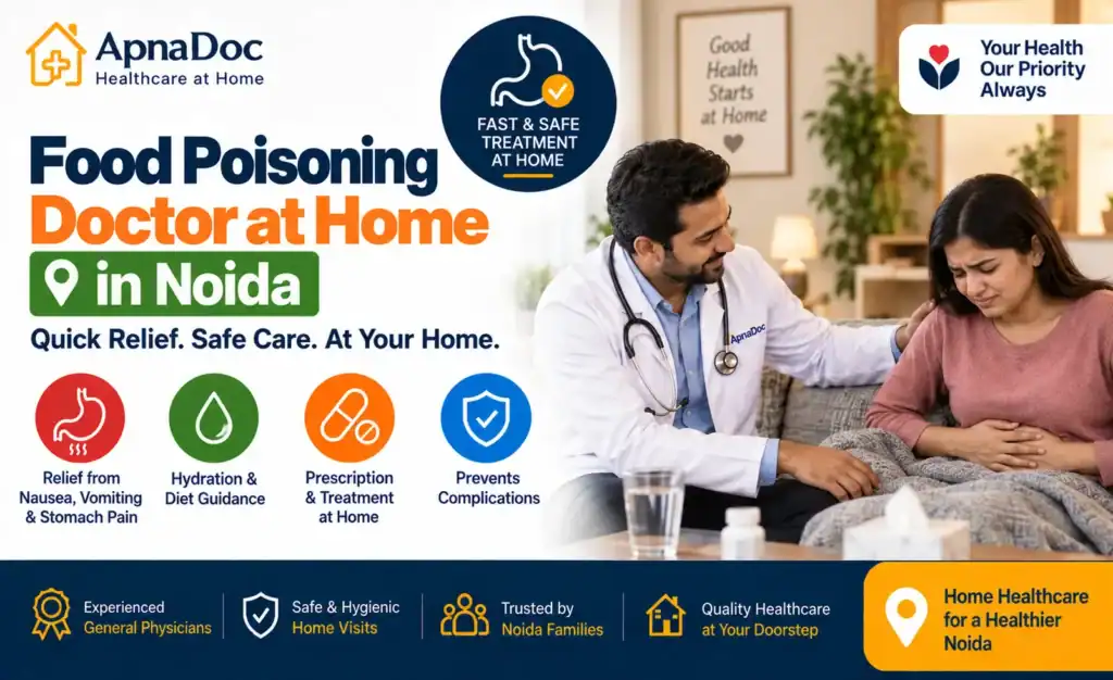 Doctor treating a patient with food poisoning symptoms at home in Noida