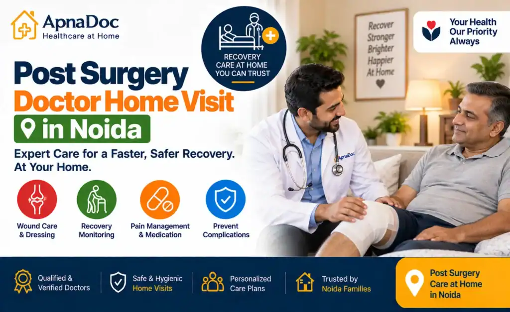 Doctor providing post surgery follow-up care at home in Noida